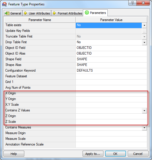 Geodatabase destination feature type parameters